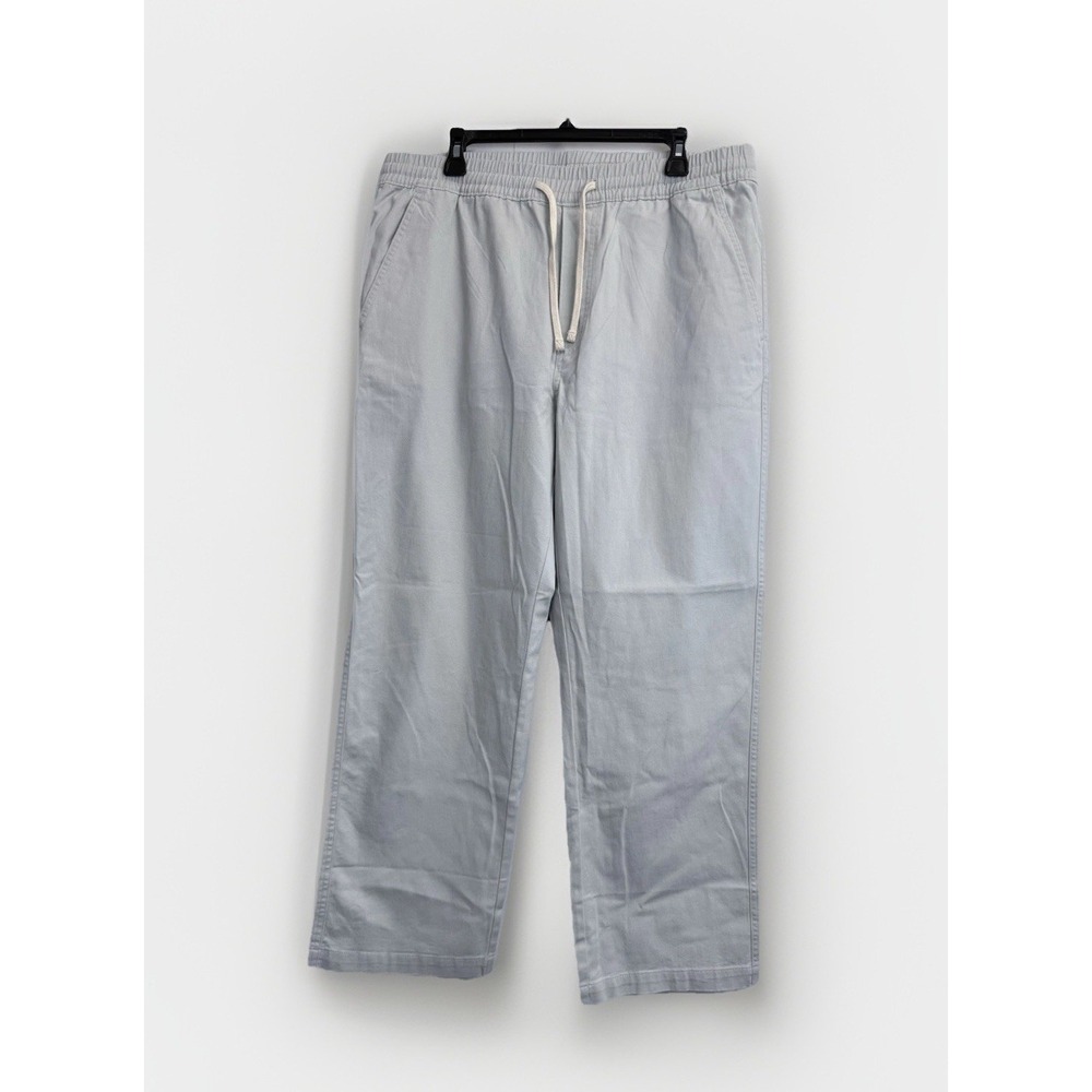 Lands End Mens L Pull On Pants Stretch Casual Drawstring Light Grey Cotton Twill